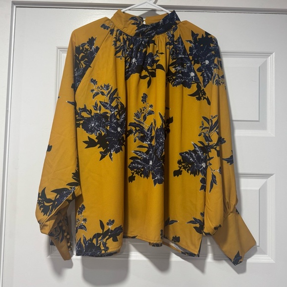 VLD Tops - Elegant Mustard & Navy Floral Blouse